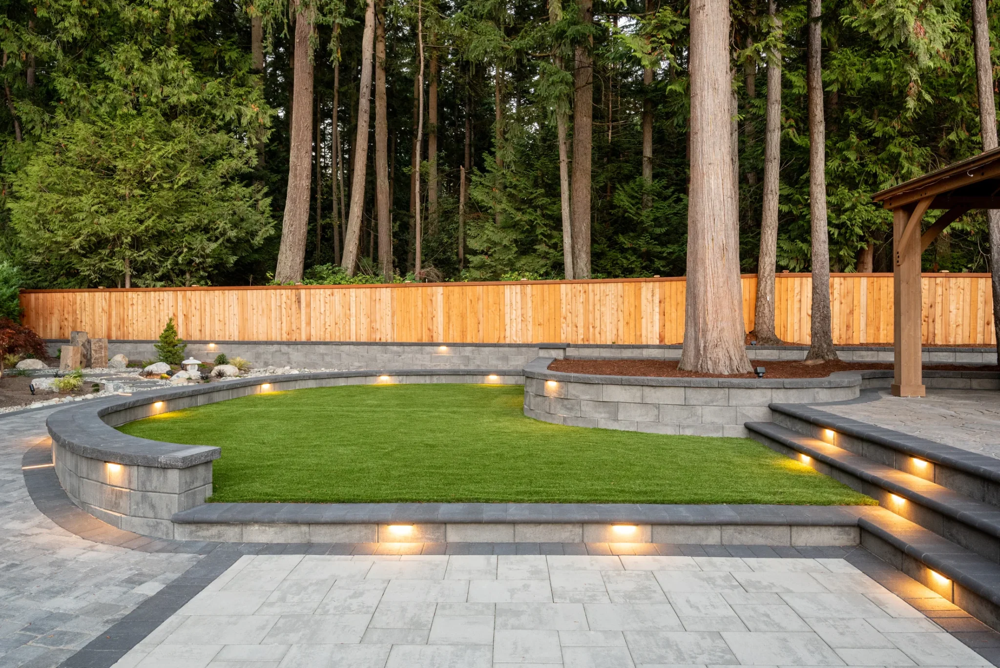 Completed Kirkland backyard with paver patio, pergola, and outdoor kitchen