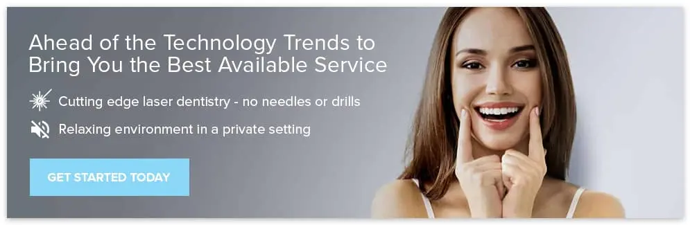 A woman smiles, pointing to her teeth. Text reads: "Ahead of the Technology Trends to Bring You the Best Available Service. Cutting edge laser dentistry - no needles or drills. Relaxing environment in a private setting." A "Get Started Today" button is visible.