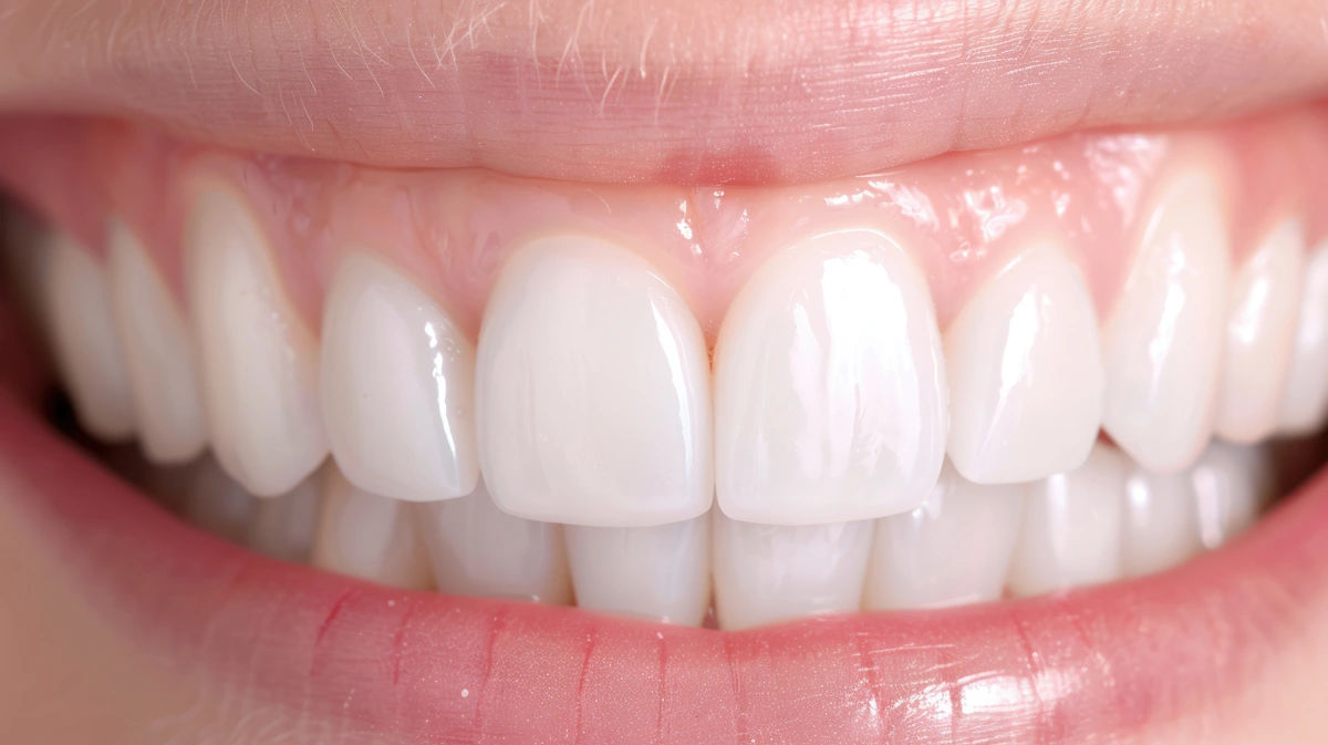 Close-up of a person's smile showcasing healthy, white teeth and pink gums. The lips are slightly parted to reveal a full set of clean, well-aligned teeth, enhanced by composite bonding. The image highlights excellent dental hygiene.