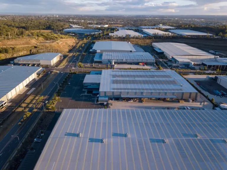 Commercial roofs on three different building lined up