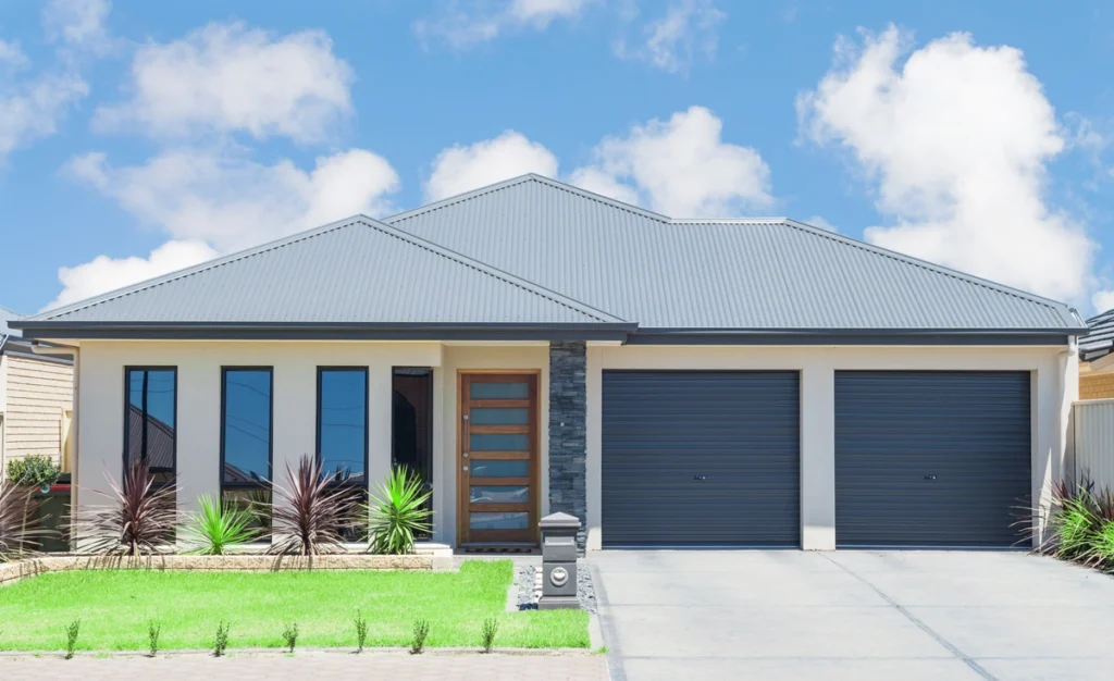 suburban house with metal roof