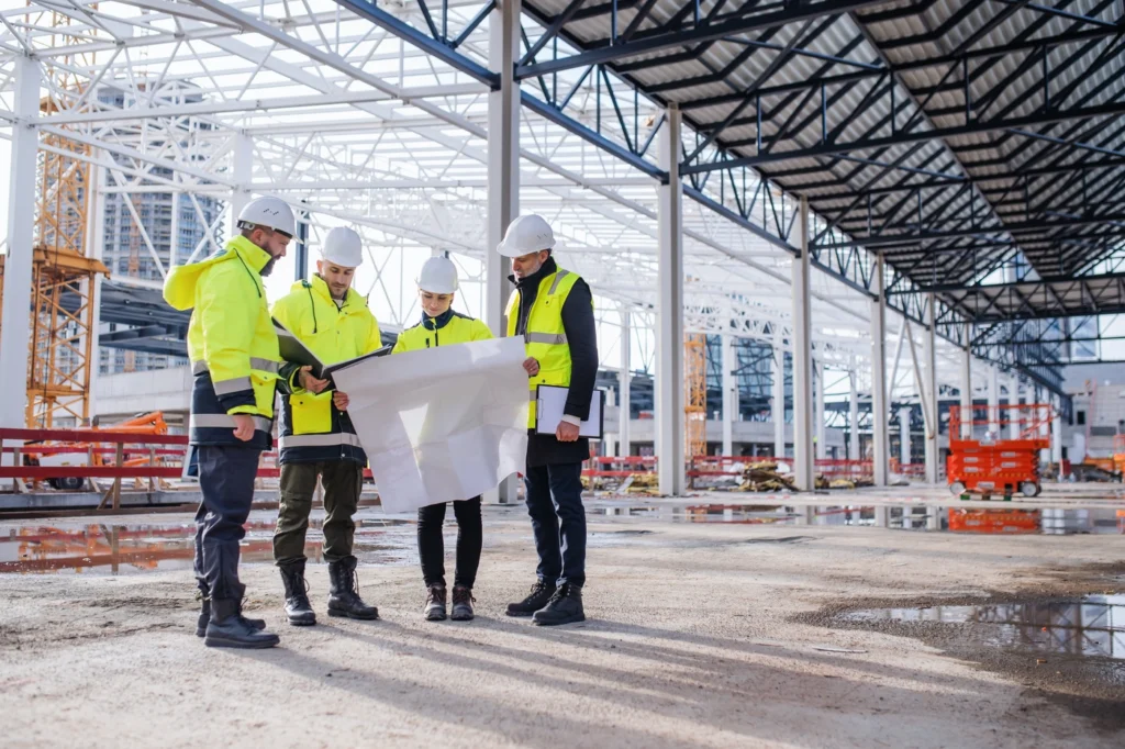 group of construction contractors plan new build and roofing project
