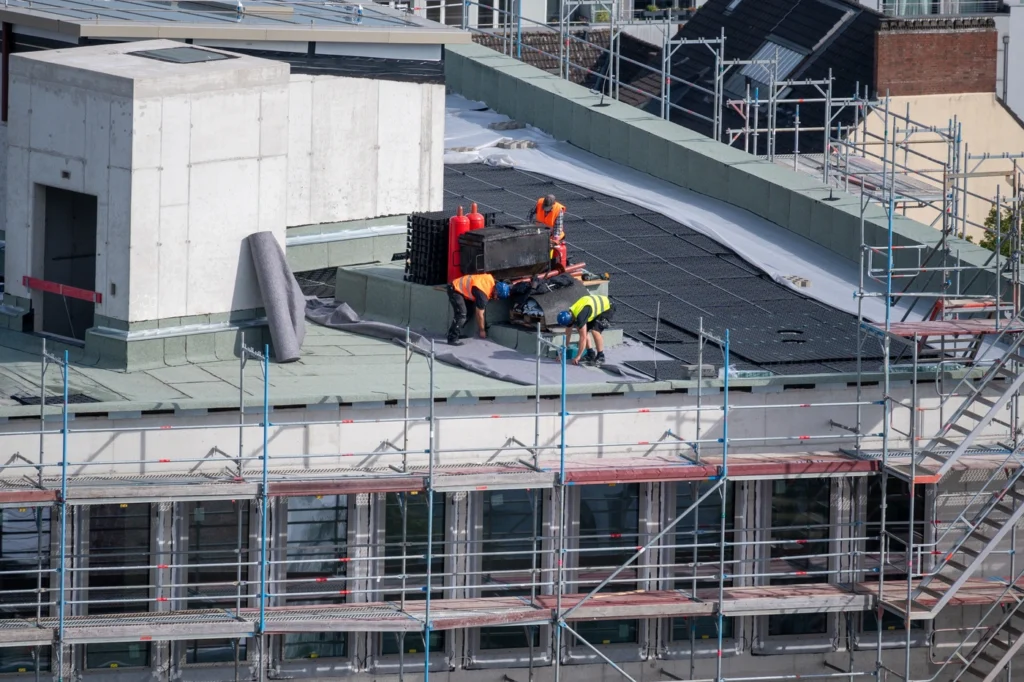aerial view of commercial construction and new roof installation
