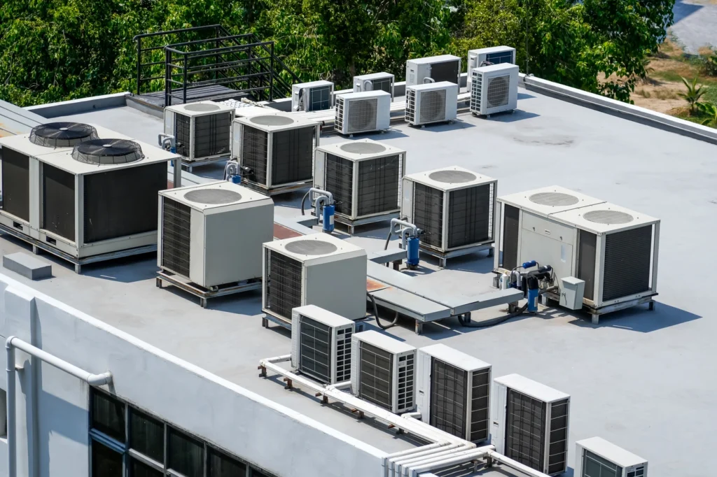 aerial view of commercial roofing system in terre haute with hvac