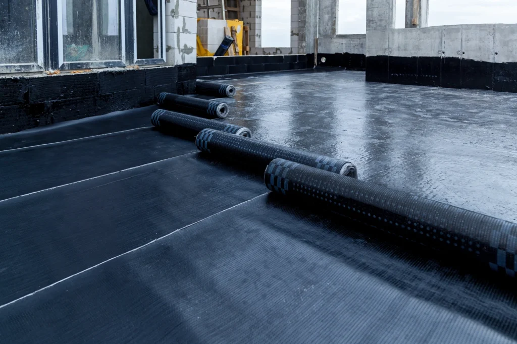 Close up view of epdm commercial roof installation