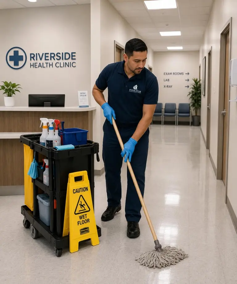 janitorial cleaner in hospital lobby