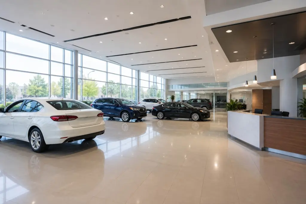 cars in a showroom in Queens, NYC. Clean floors and big window that can be seen