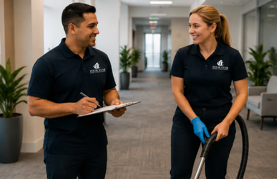 office cleaning services managers discussing cleaning an office in downtown Manhattan, NYC