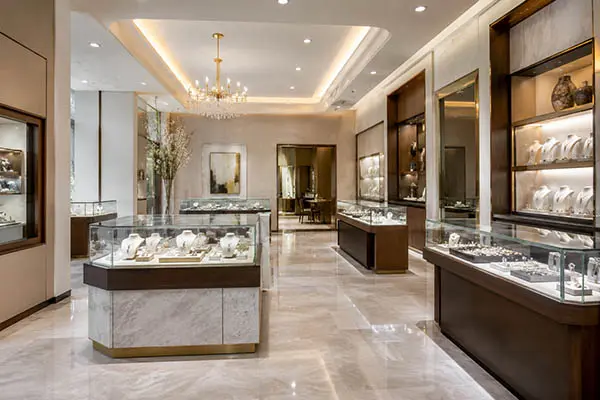 sparkling clean jewelery store in manhattan showing rings, braclets, and watches