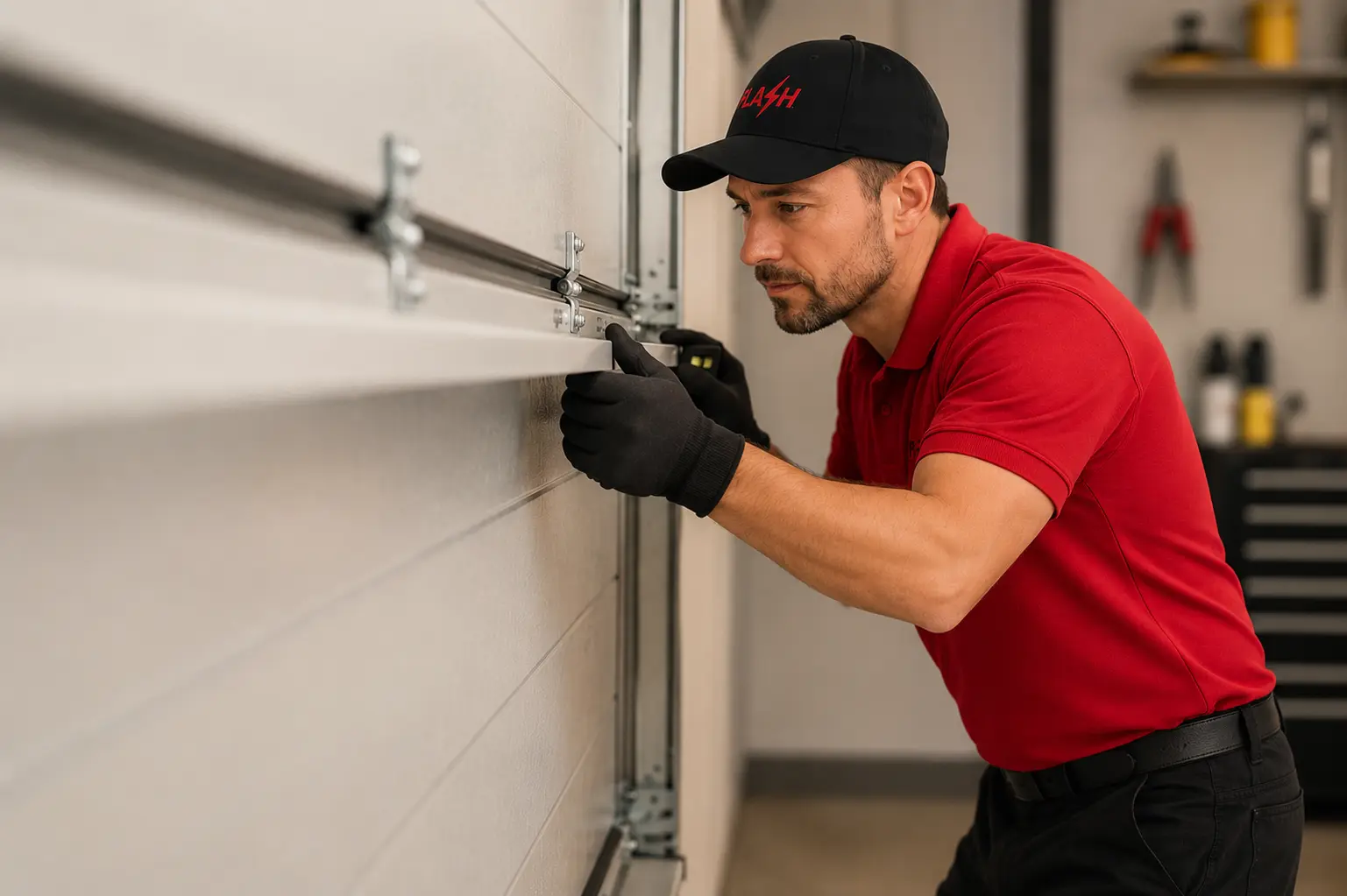 Flash Garage Door technician professionally installing a residential garage door, ensuring safe operation, proper alignment, and reliable performance.