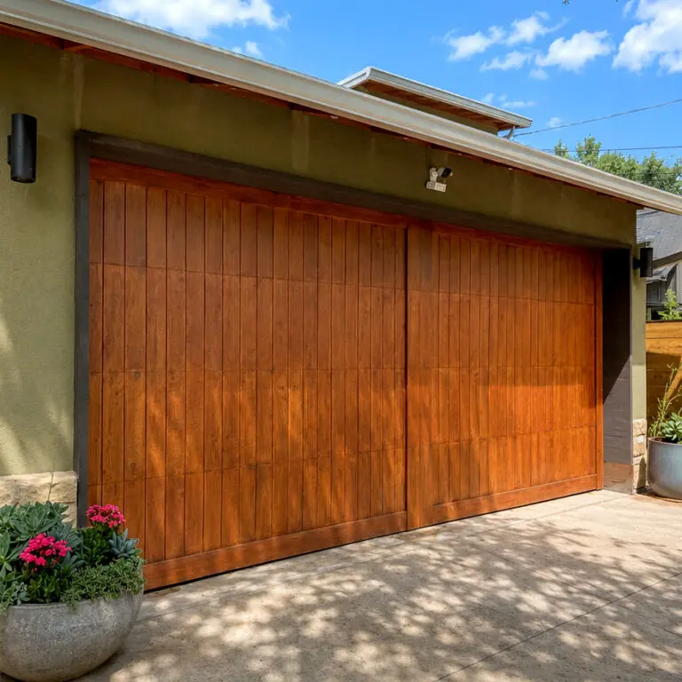 Custom vertical-plank wood garage door installed at an Austin, TX home