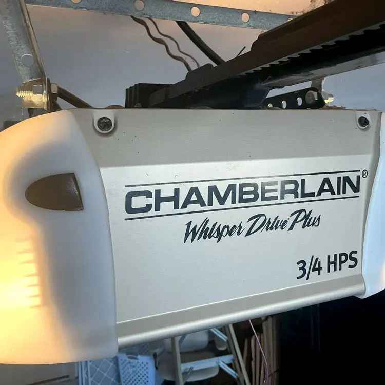 Customer-supplied Chamberlain belt-drive garage door opener professionally installed in Oklahoma City, OK