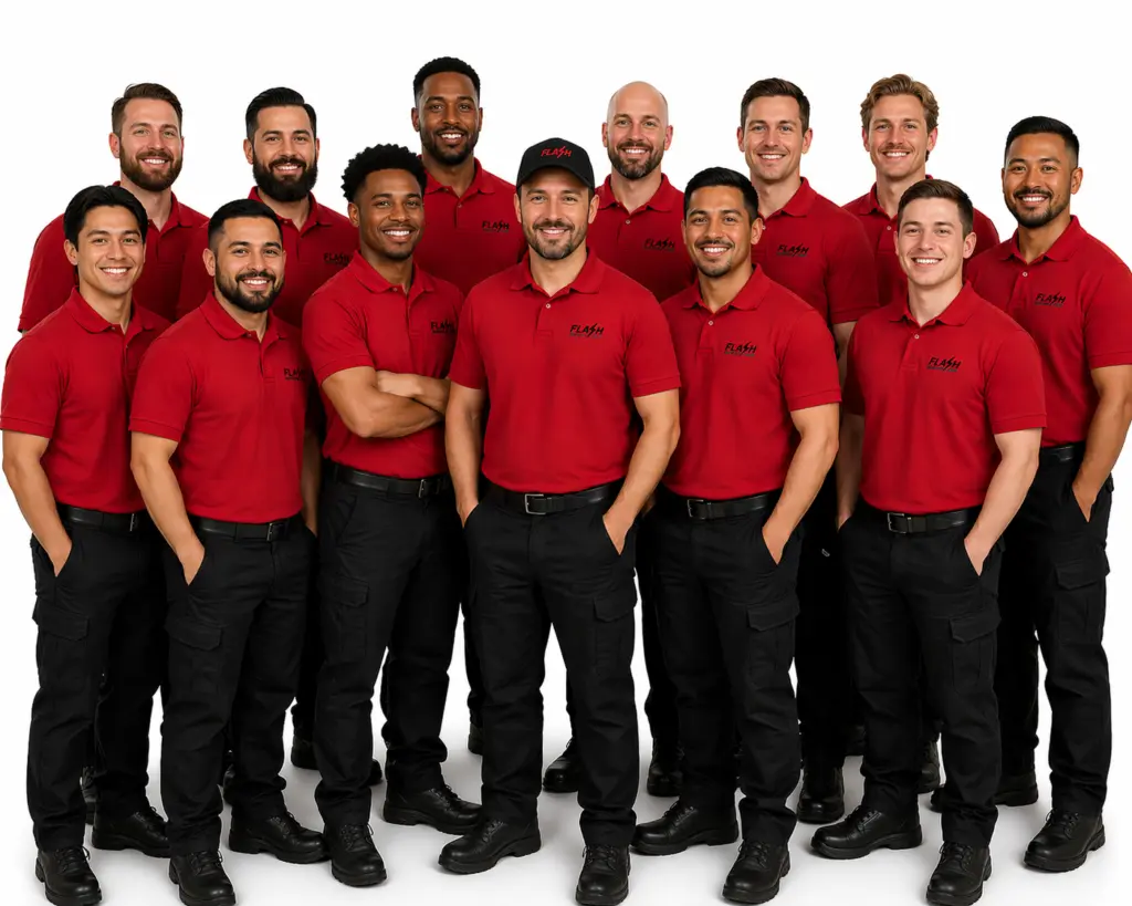 Flash Garage Door's team of professional garage door technicians wearing company uniforms, providing expert garage door installation, repair, and maintenance services throughout Texas, Oklahoma, Louisiana, and Georgia.