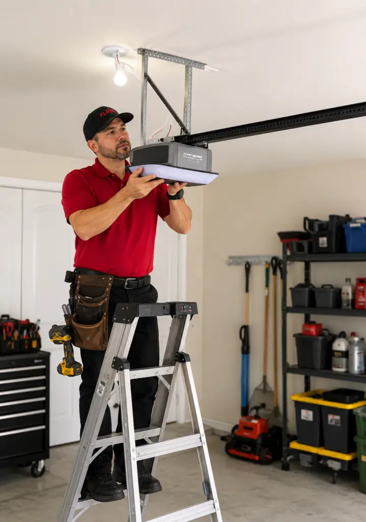 Flash Garage Door Service technician inspecting a LiftMaster garage door opener during a residential garage door opener installation and setup.