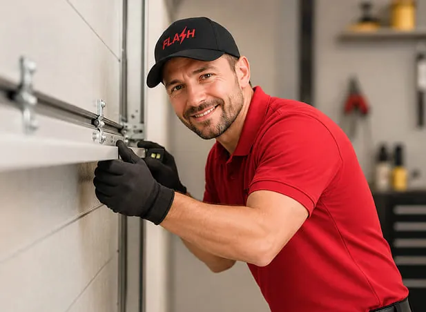 Experienced garage door technician performing maintenance and repairs on a residential garage door.