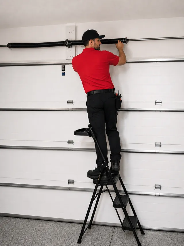 garage door technician repairing a broken spring