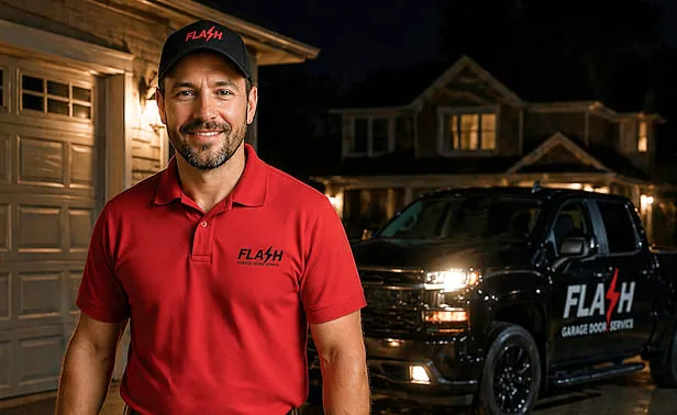 Flash Garage Door Tech arrives to a residential property the middle of the night to open a broken garage door