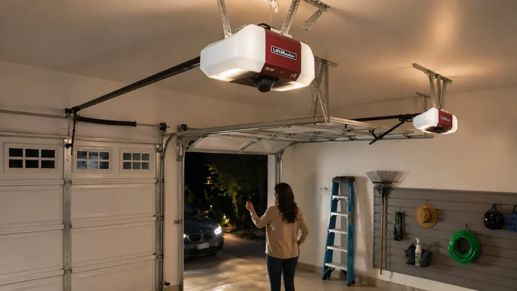 homeowner testing the garage door to ensure it works afer repair