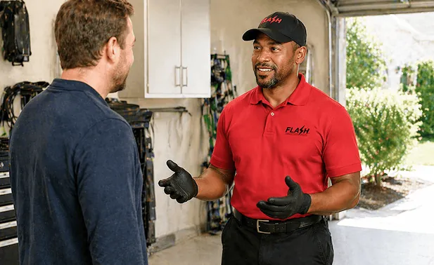 garage door repair tech explaining to customer the reason why the garage door is not working
