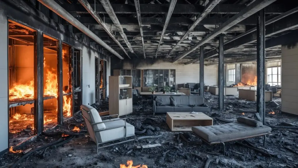 Burned interior with charred furniture showing fire damage — Portland fire damage restoration