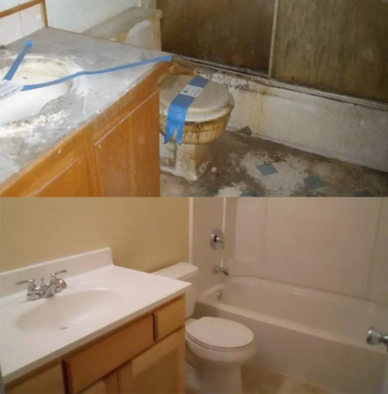 Before and after sewage cleanup by Portland Construction & Restoration