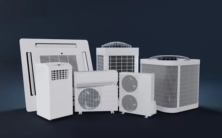Many HVAC units together next to each other.