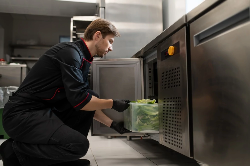Male cook places large container of lettuce placed into refrigerator
