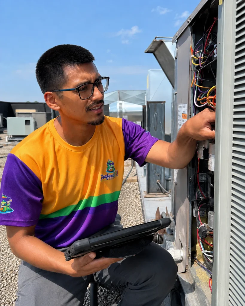 Perfect Temp tech working on an oudoor commercial unit