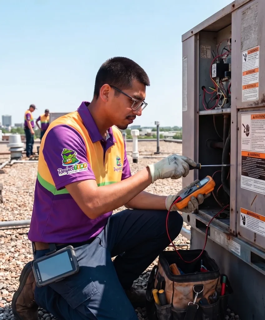 Perfect Temp worker inspecting an oudoor commercial unit