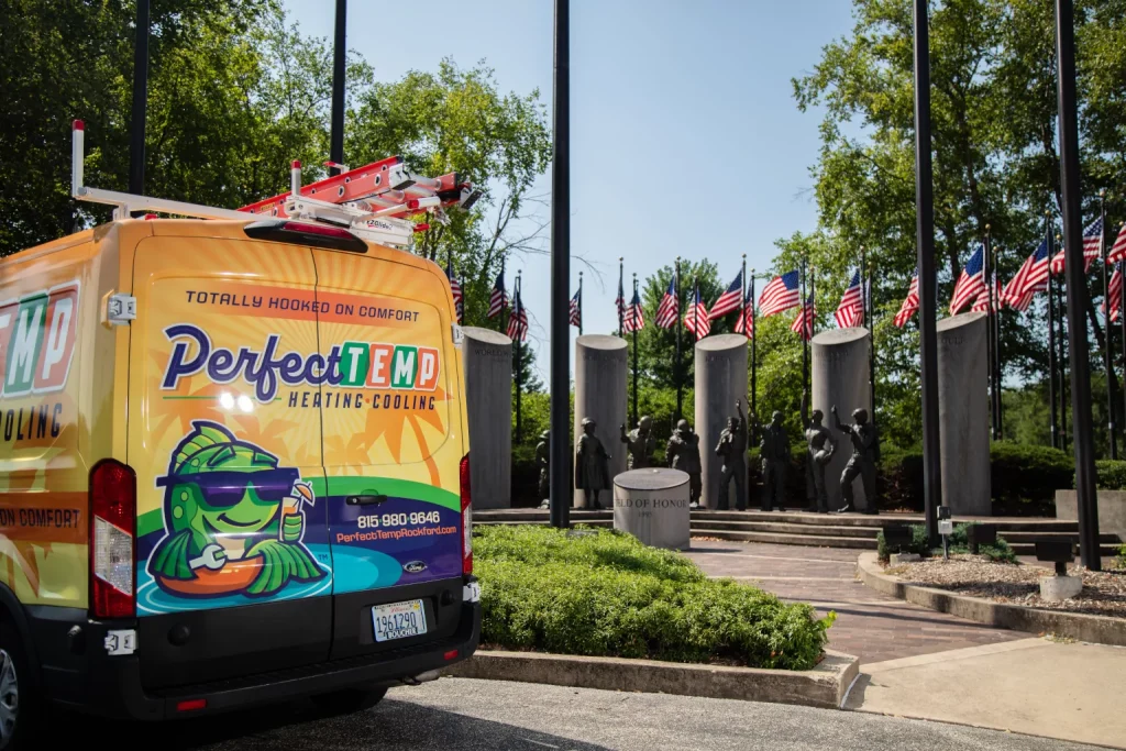 perfect temp van next to american flags