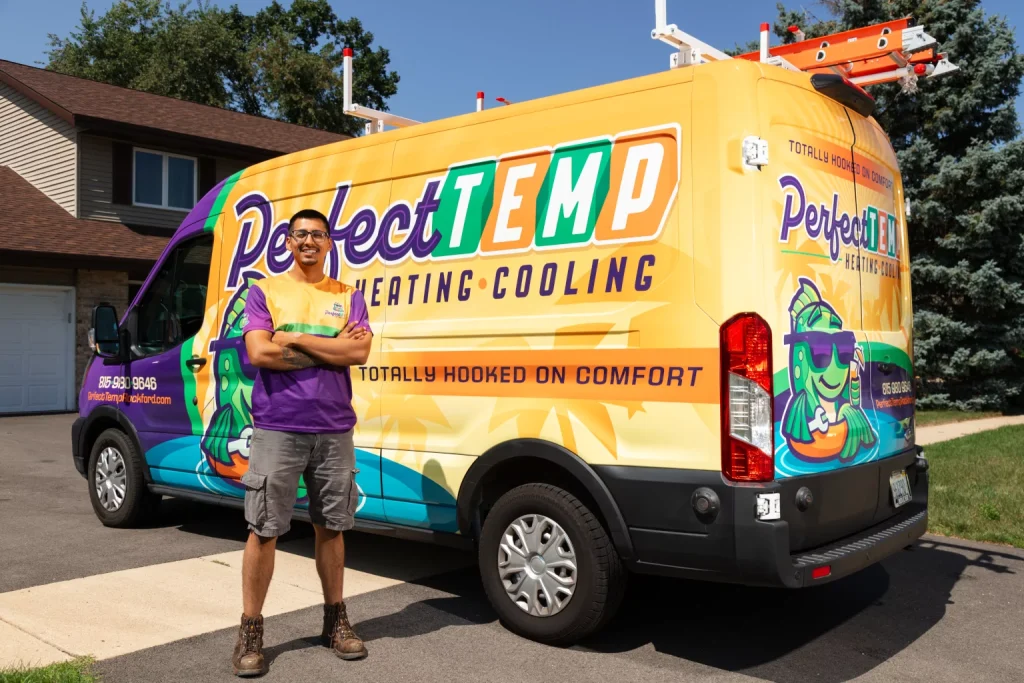 perfect temp worker and van on a suburban driveway
