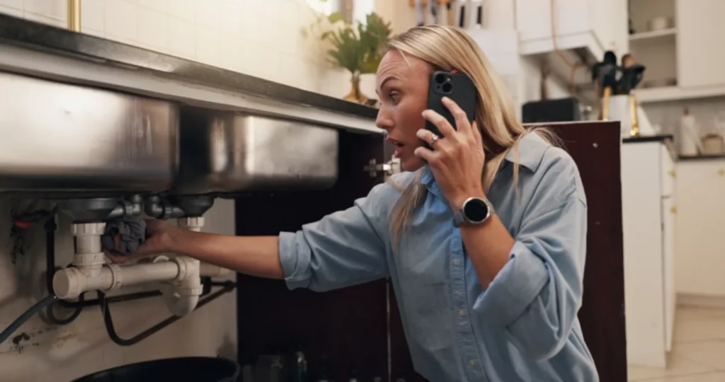 woman calling a plumber because of a sink leak