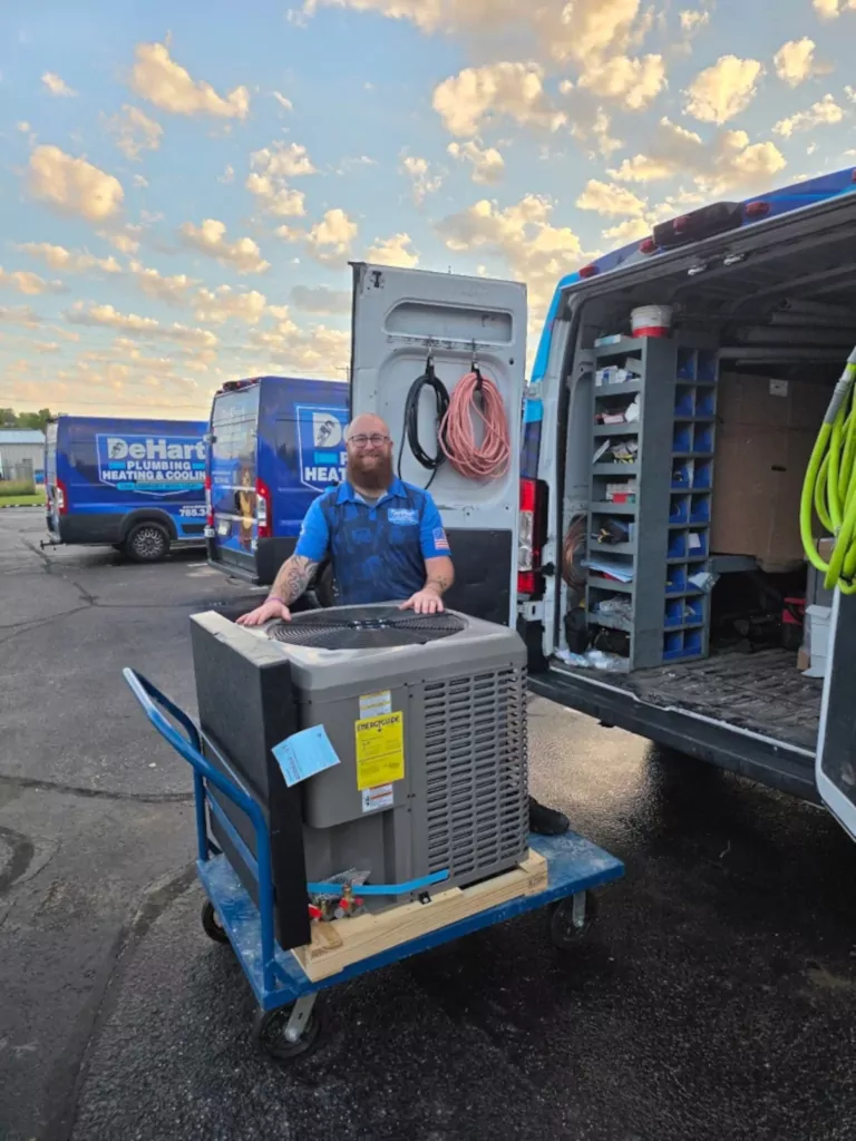 unloading heat pump from the van