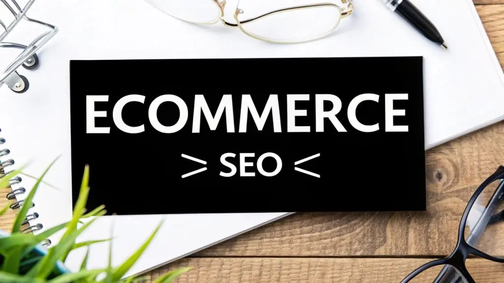 Ecommerce SEO best practices with glasses and notebook.