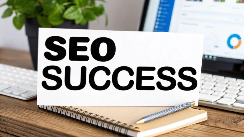 Sign reading SEO success on desk