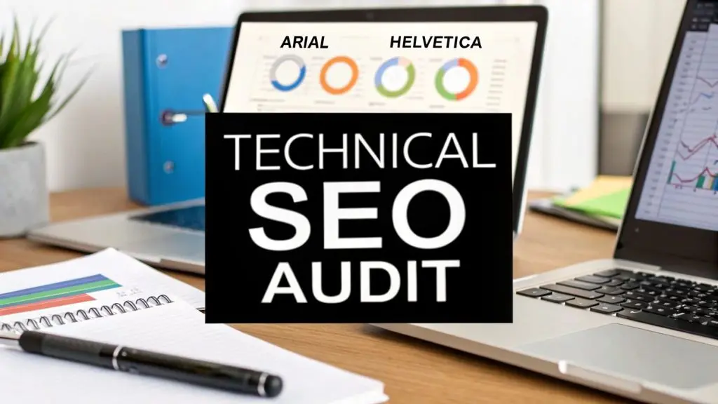 Technical SEO audit on desk with graphs.