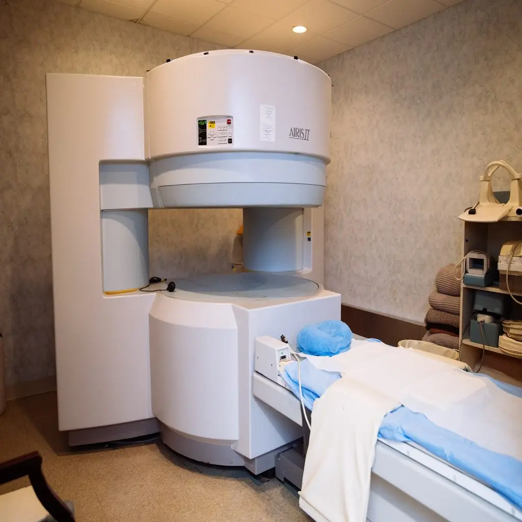 Escáner AIRIS II de resonancia magnética abierta en sala de diagnóstico por imagen con cama de paciente preparada para exploración de columna tras accidente de tráfico.