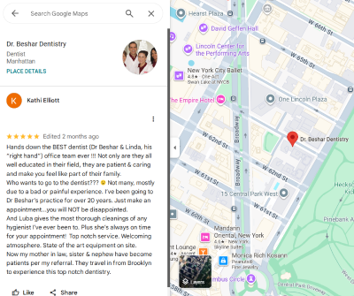 Google review from patient Kathi Elliott about Dr. Beshar Dentistry in Upper East Side Manhattan"