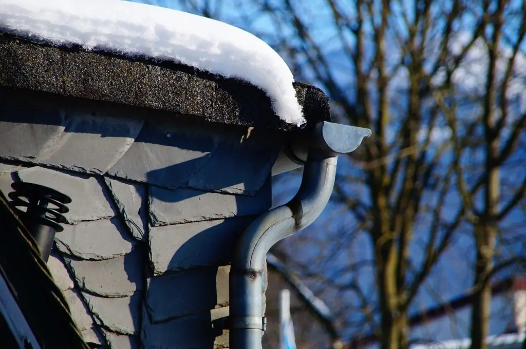 A gutter on a home, showing one of the basic components of a standard roof.