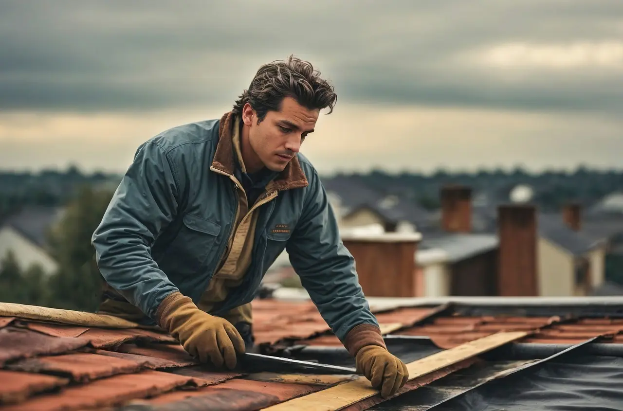 A handyman repairing a roof.