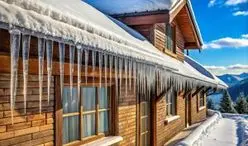 Ice dam, snowy weather and icicles hanging from the roof line of a log cabin in Denver, CO.