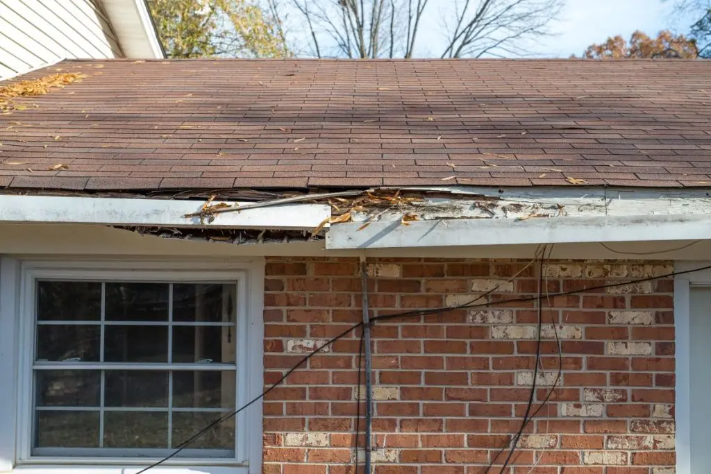brown shingles roof gutter damaged
