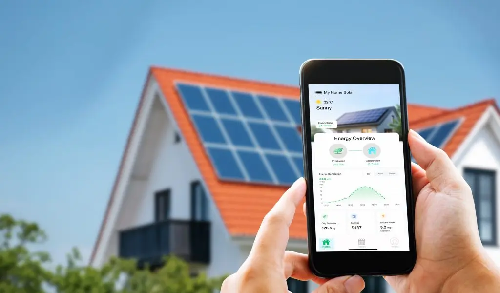 Eco friendly lifestyle. Man monitoring sustainable green electricity production from rooftop solar cells via digital dashboard on phone.