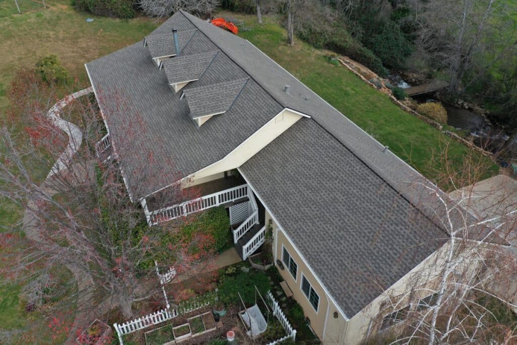 Aerial view of a roof with architectural shingles