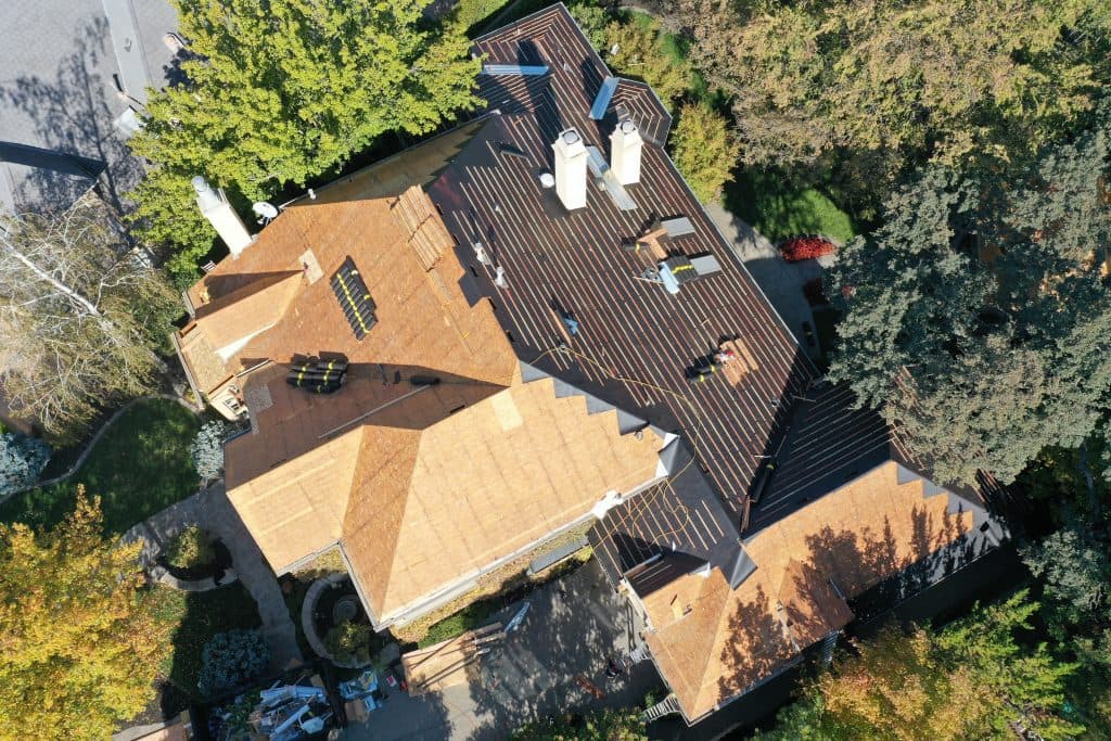 aerial view of shingles replacement roof cost in elk grove ca