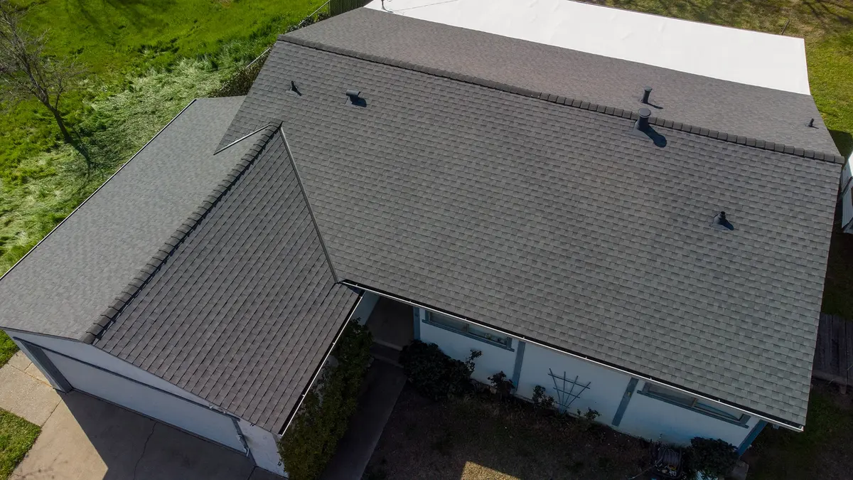 A residential roofing project, new shingles