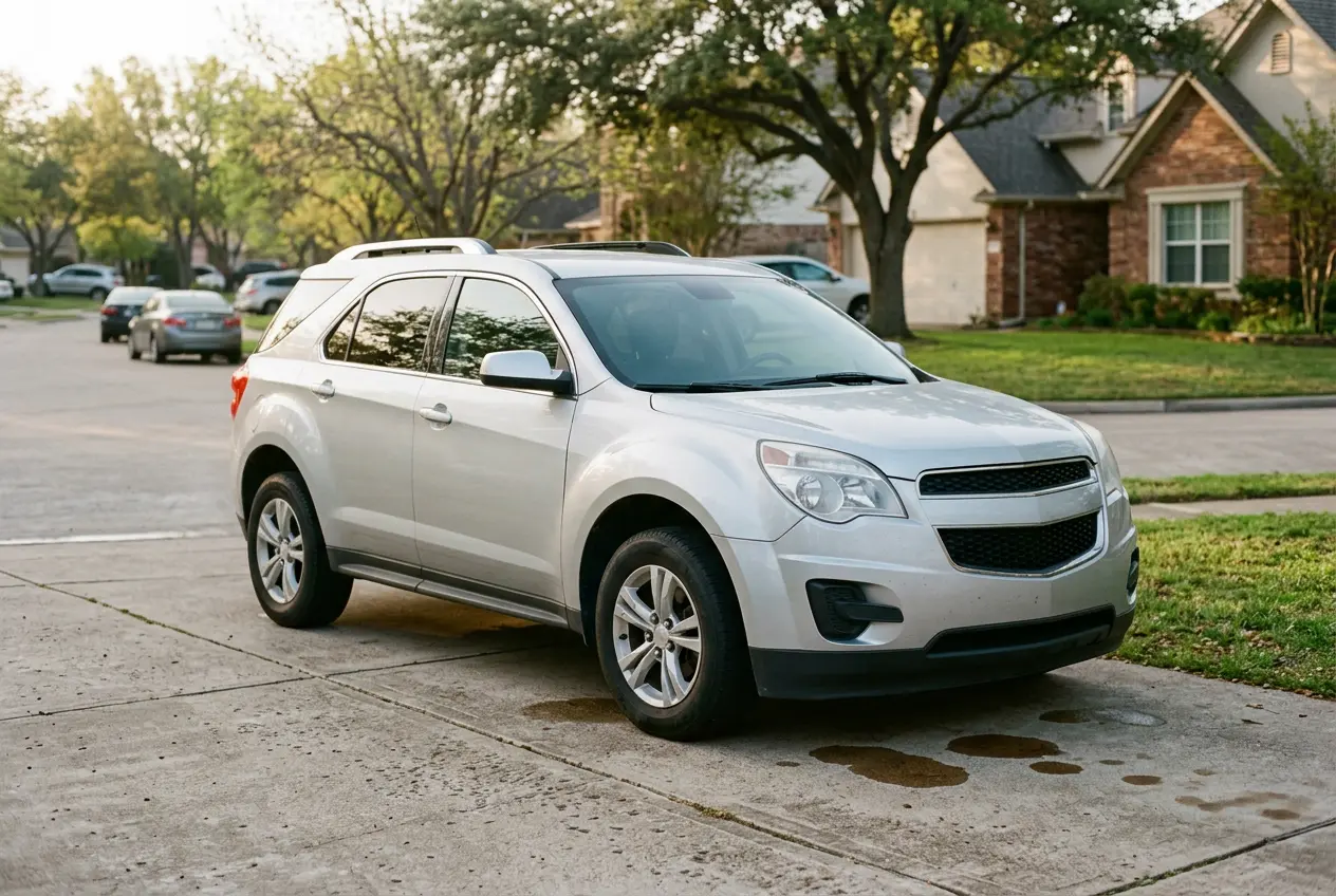 Rendered image of a 2010-2013 Chevrolet Equinox with oil drips under the engine