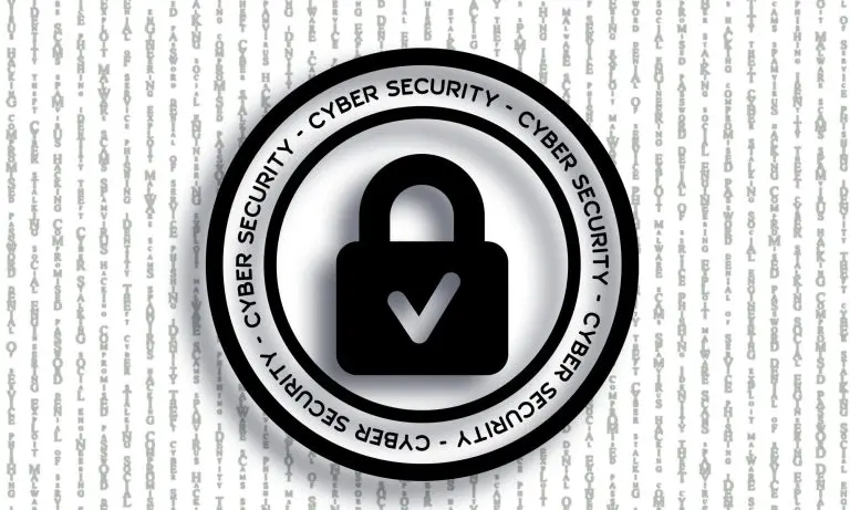 A black padlock with a check mark inside a circular cyber security seal, on a background of binary code.