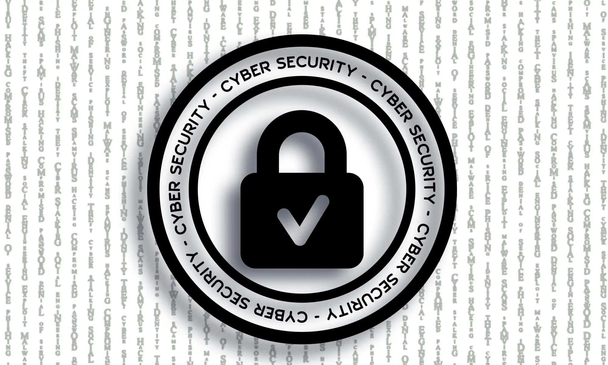 A black padlock with a check mark inside a circular cyber security seal, on a background of binary code.