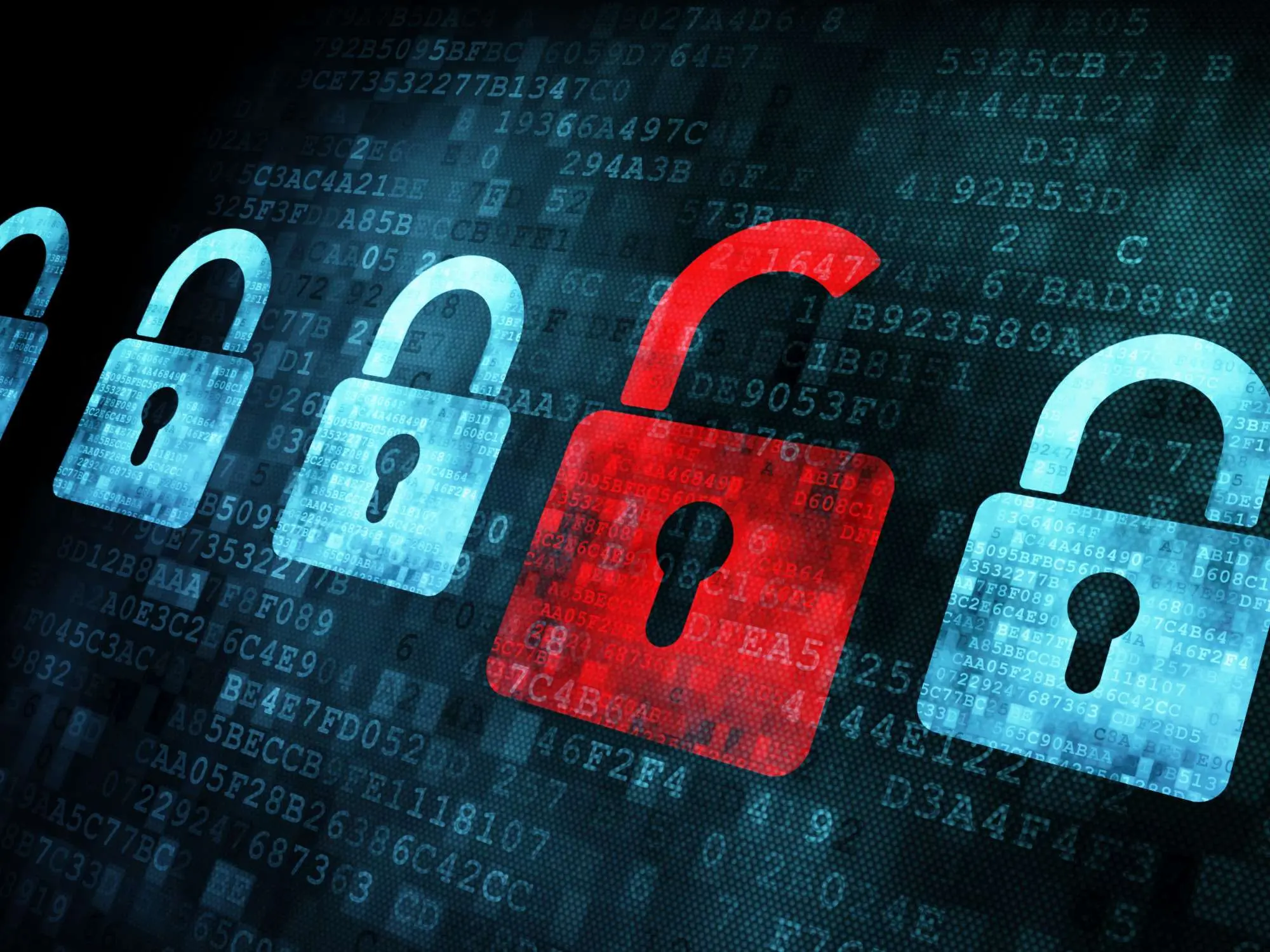 A row of blue digital padlocks on a field of code, with one red padlock standing open.